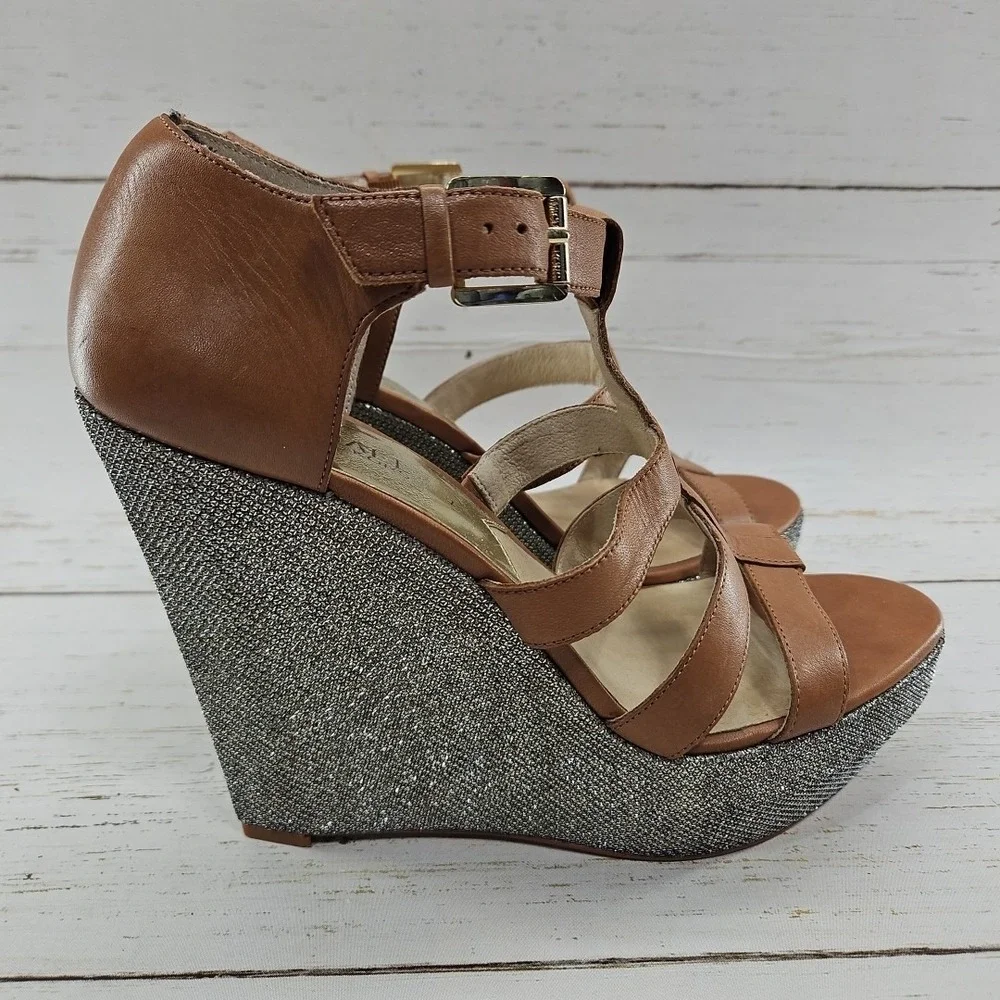 Michael Kors Faye Wedge Size‎ 10 Tan Gold Sparkle Leather Platform Sandals